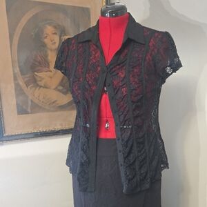 Ricki's size 14 Sheer Lace Button Up with Short Sleeves and visible Seams